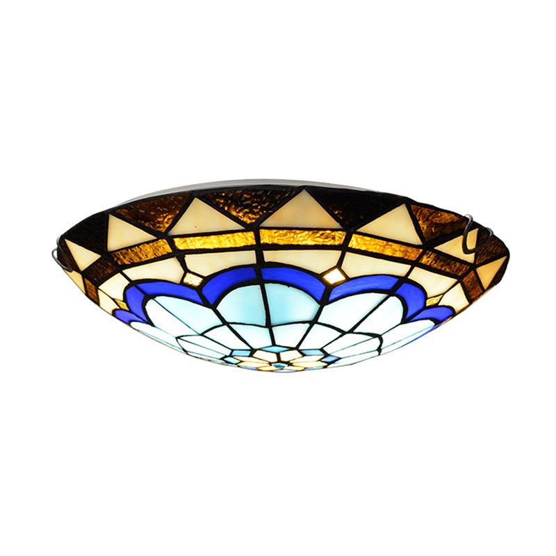 Vintage Blue Handcrafted Glass Dome Ceiling Flush Light with Feather Pattern