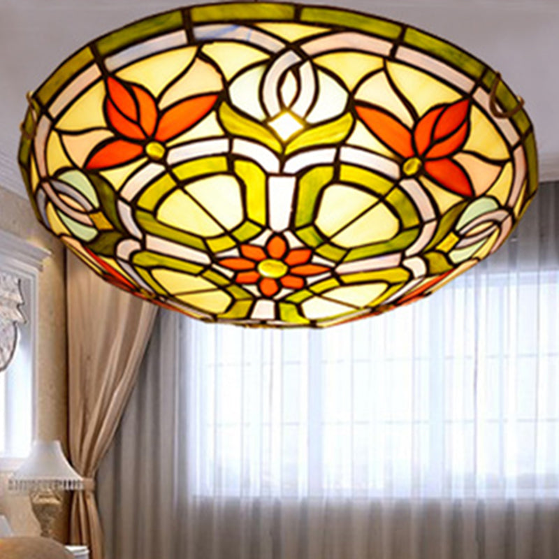 Red Flower Tiffany Stained Glass Ceiling Light: Round Flush Mount for Bedroom