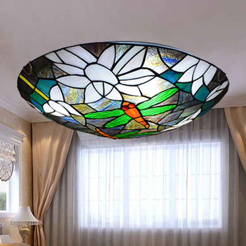 Tiffany Style Dragonfly & Lotus Cut Glass Flush Mount Ceiling Lamp