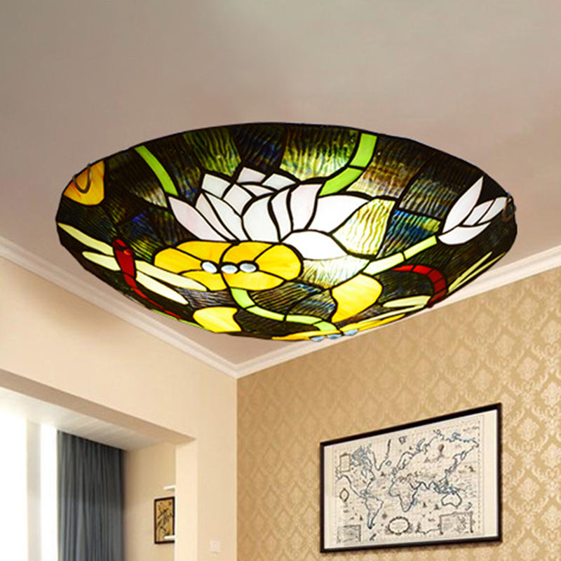 Tiffany Stained Glass Black Bowl Ceiling Lamp - Lotus and Dragonfly Flush Mount Light