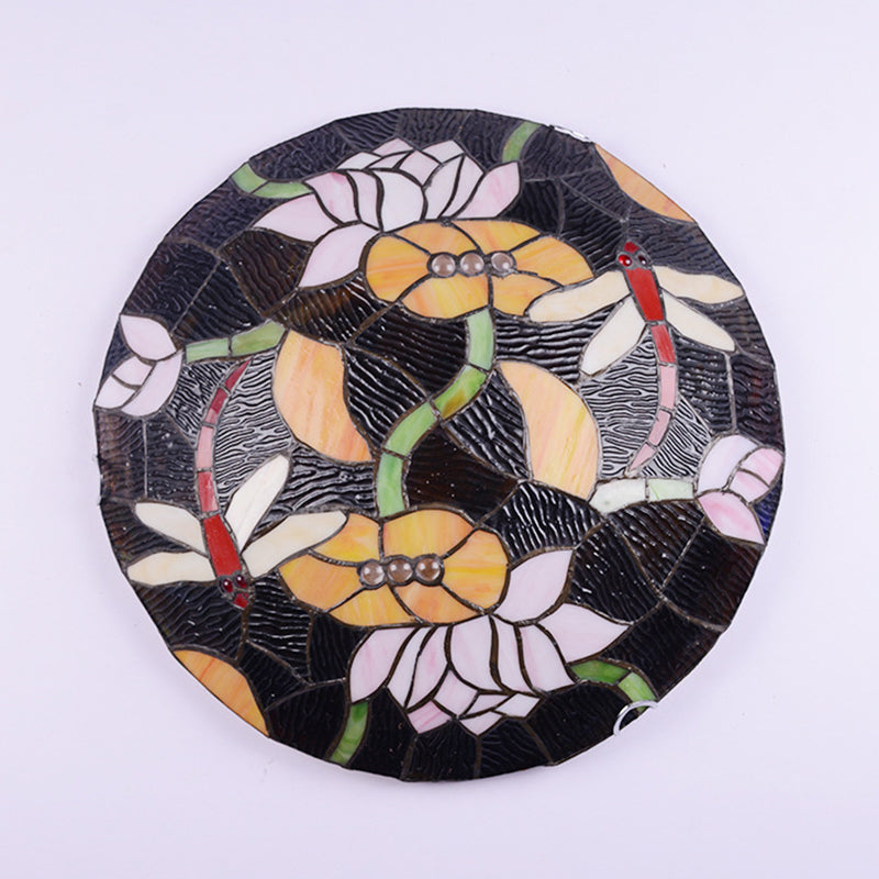 Tiffany Stained Glass Black Bowl Ceiling Lamp - Lotus and Dragonfly Flush Mount Light