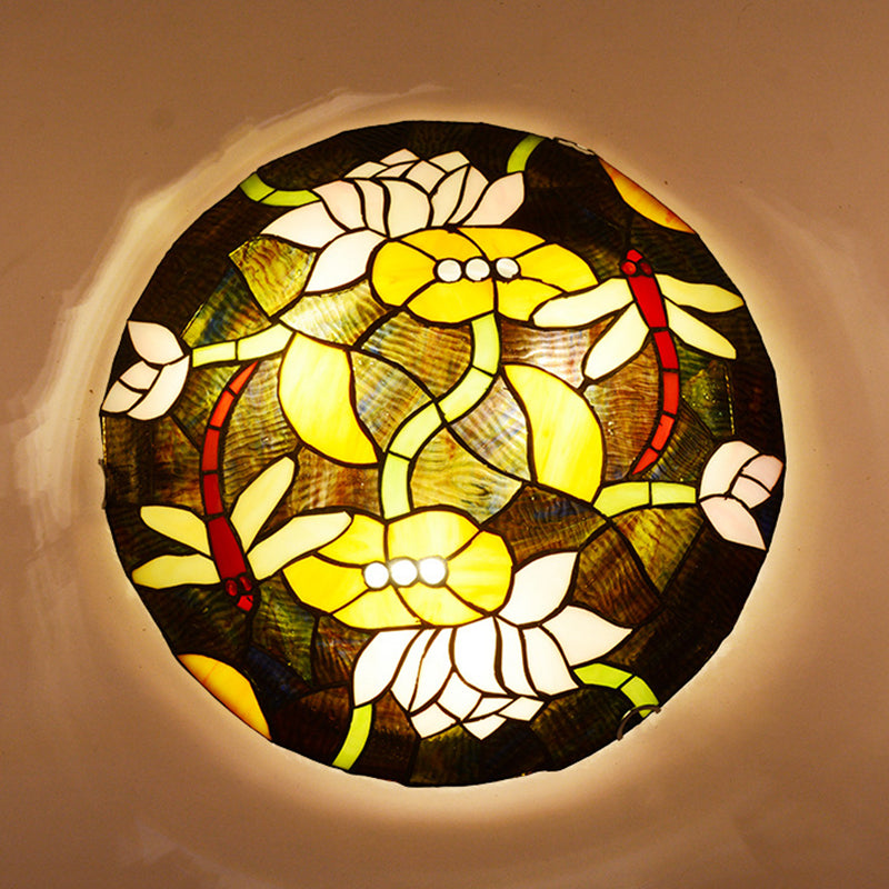 Tiffany Stained Glass Black Bowl Ceiling Lamp - Lotus and Dragonfly Flush Mount Light
