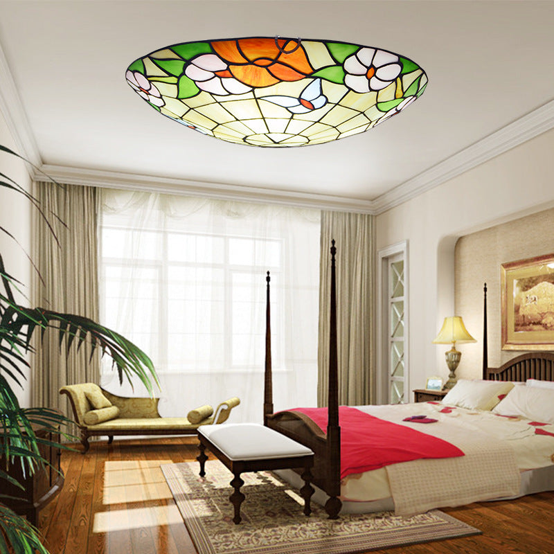 Stained Glass Tiffany-Style Ceiling Light in Multicolored Bowl Design for Bedroom