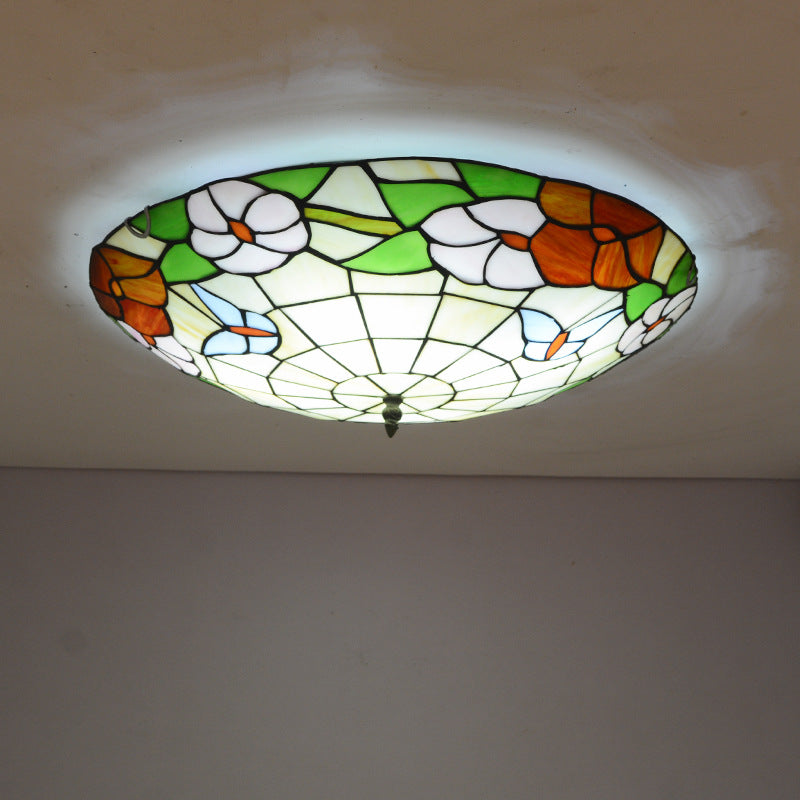 Stained Glass Tiffany-Style Ceiling Light in Multicolored Bowl Design for Bedroom
