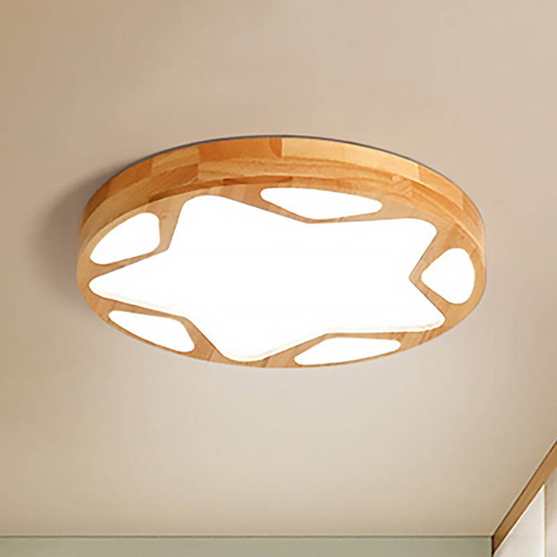 Modern LED Flush Ceiling Light in Beige - Kindergarten Star Design - Wood Acrylic Lamp
