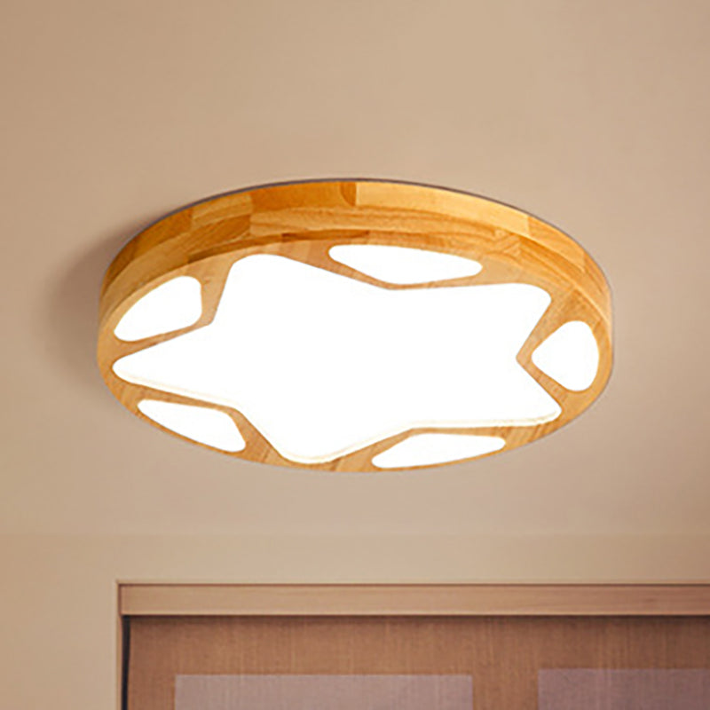Modern LED Flush Ceiling Light in Beige - Kindergarten Star Design - Wood Acrylic Lamp