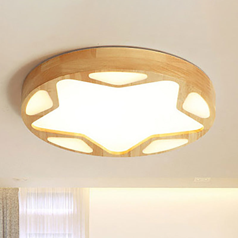 Modern LED Flush Ceiling Light in Beige - Kindergarten Star Design - Wood Acrylic Lamp