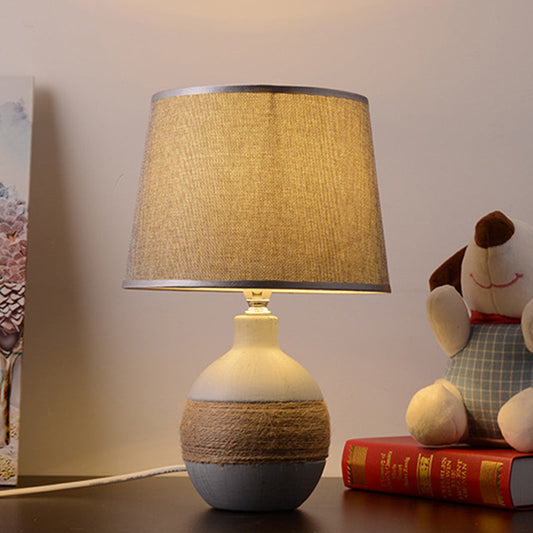 Traditional Flaxen/Grey Nightstand Lamp With Ceramic Base - 1-Light Fabric Drum Desk Light Grey /
