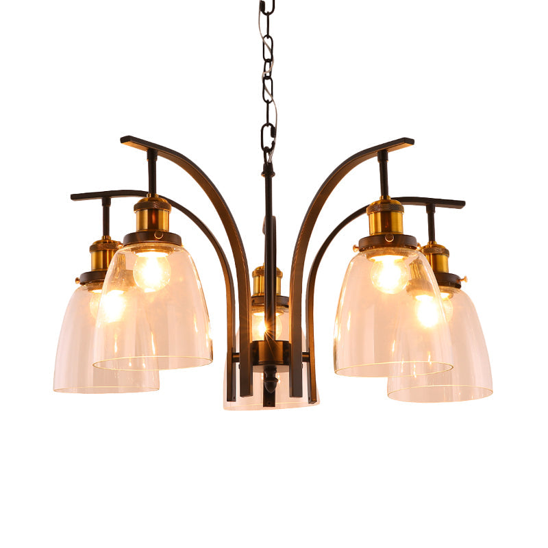 Vintage Clear Glass Cup Chandelier Pendant - 3/5/6-Light Ceiling Lamp With Curved Arm