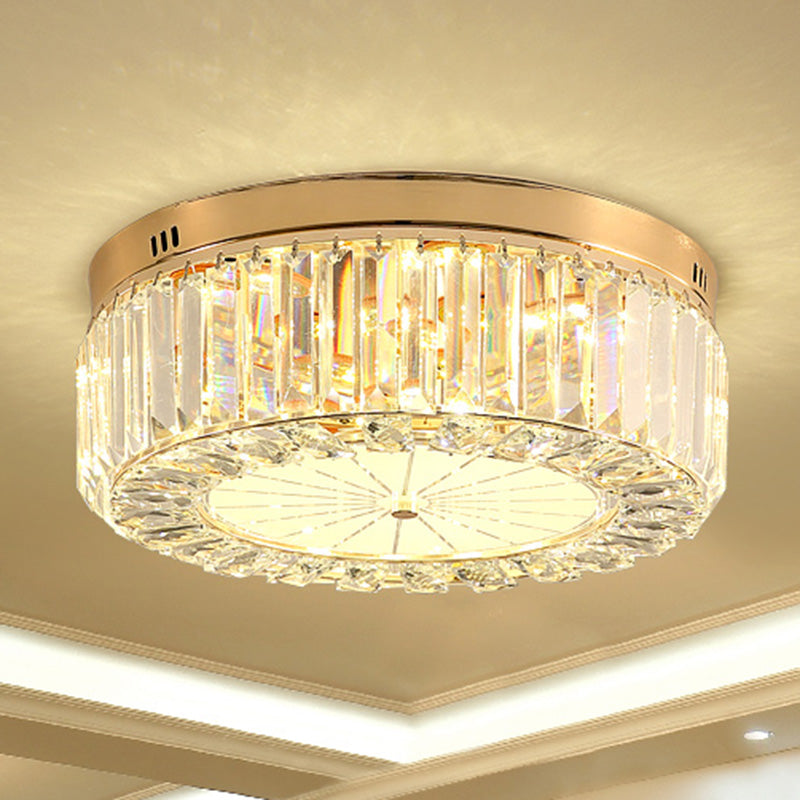 Modern LED Flush Ceiling Lamp with Clear Crystal Drum Shape for Living and Dining Room Lighting