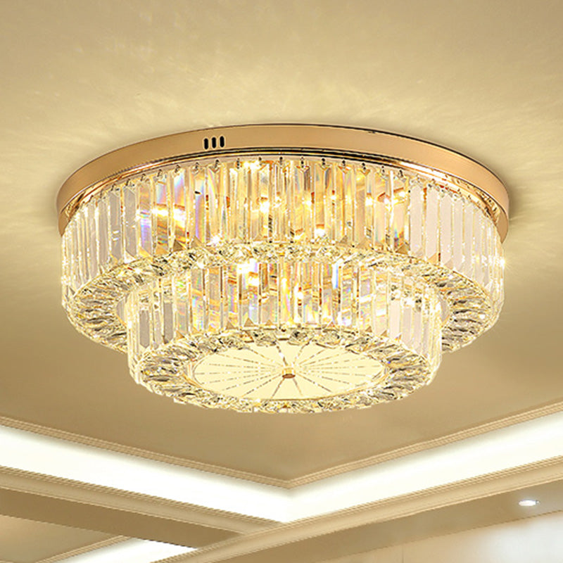 Modern LED Flush Ceiling Lamp with Clear Crystal Drum Shape for Living and Dining Room Lighting