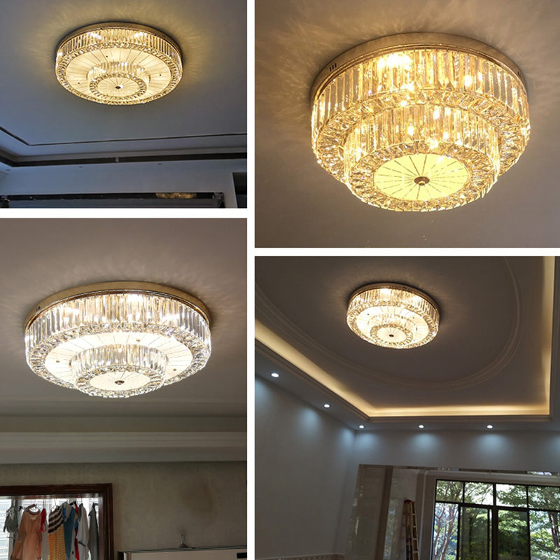 Modern LED Flush Ceiling Lamp with Clear Crystal Drum Shape for Living and Dining Room Lighting