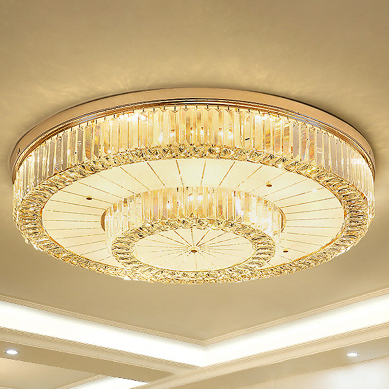 Modern LED Flush Ceiling Lamp with Clear Crystal Drum Shape for Living and Dining Room Lighting