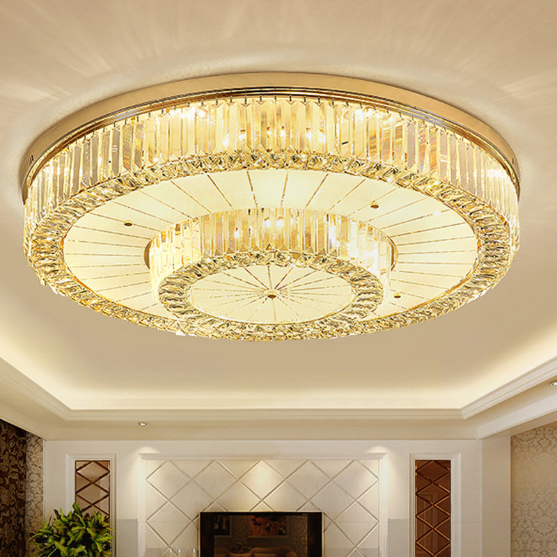 Modern LED Flush Ceiling Lamp with Clear Crystal Drum Shape for Living and Dining Room Lighting