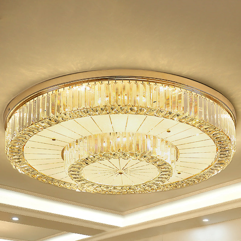 Modern LED Flush Ceiling Lamp with Clear Crystal Drum Shape for Living and Dining Room Lighting