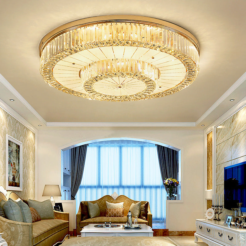 Modern LED Flush Ceiling Lamp with Clear Crystal Drum Shape for Living and Dining Room Lighting