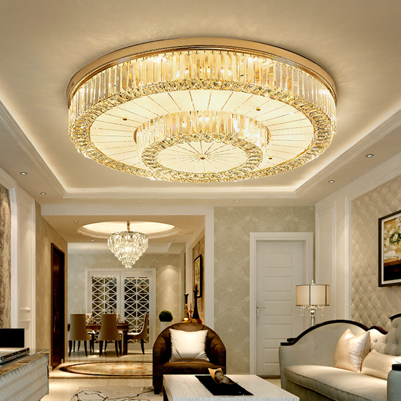 Modern LED Flush Ceiling Lamp with Clear Crystal Drum Shape for Living and Dining Room Lighting