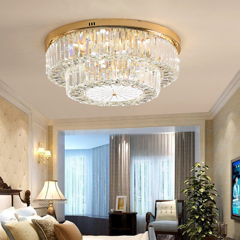 Modern LED Flush Ceiling Lamp with Clear Crystal Drum Shape for Living and Dining Room Lighting