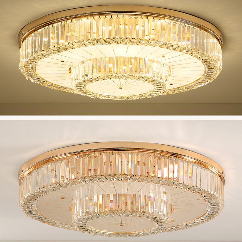 Modern LED Flush Ceiling Lamp with Clear Crystal Drum Shape for Living and Dining Room Lighting