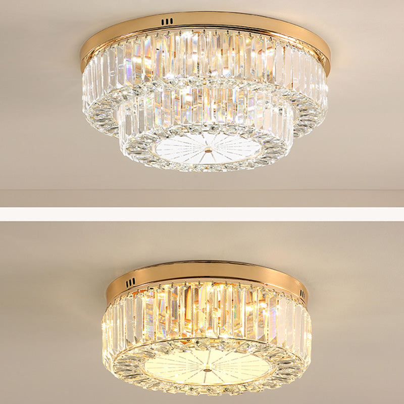 Modern LED Flush Ceiling Lamp with Clear Crystal Drum Shape for Living and Dining Room Lighting