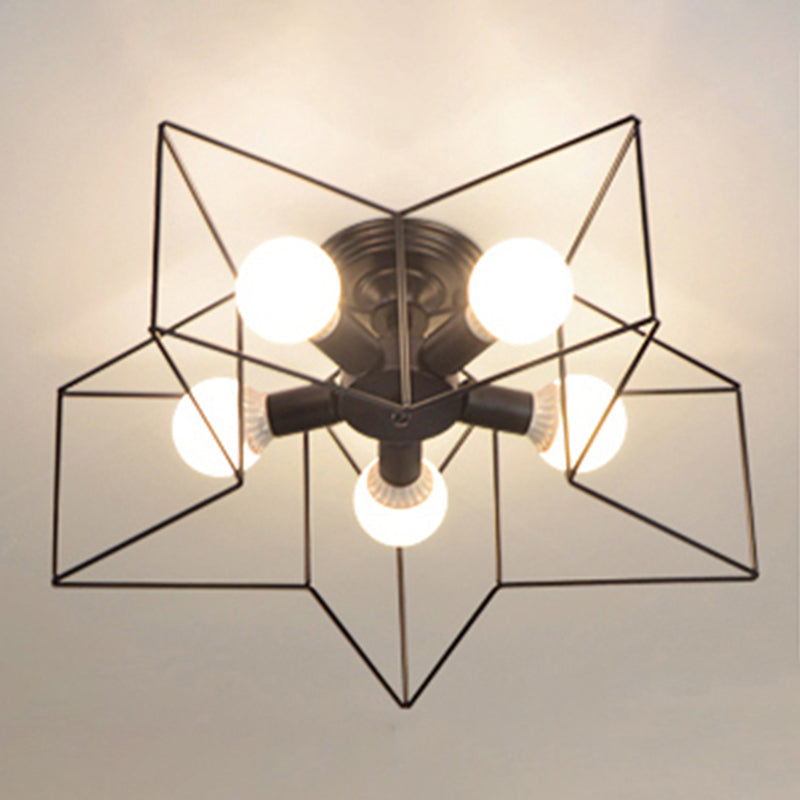 Industrial Style Ceiling Light: 5-Bulb Flush Mount Fixture with Iron Frame Lampshade - Dining Room Lighting