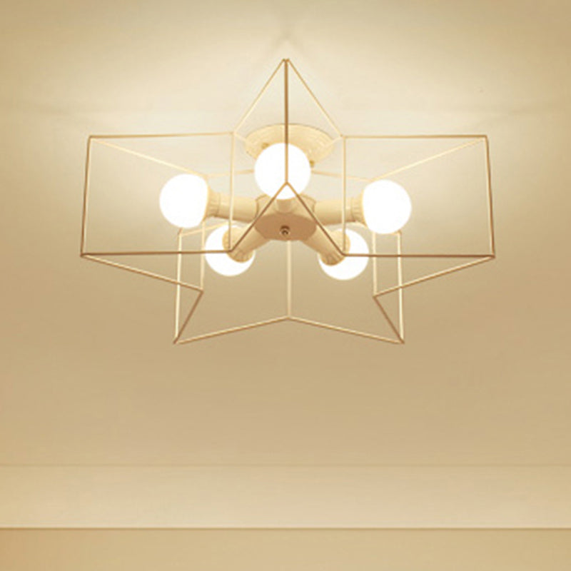 Industrial Style Ceiling Light: 5-Bulb Flush Mount Fixture with Iron Frame Lampshade - Dining Room Lighting