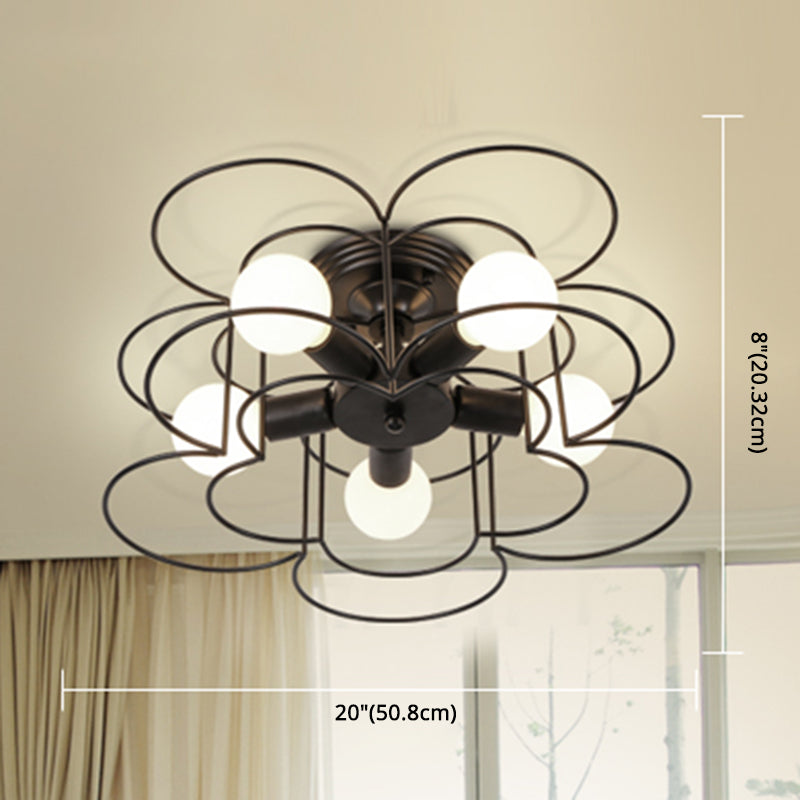 Industrial Style Ceiling Light: 5-Bulb Flush Mount Fixture with Iron Frame Lampshade - Dining Room Lighting