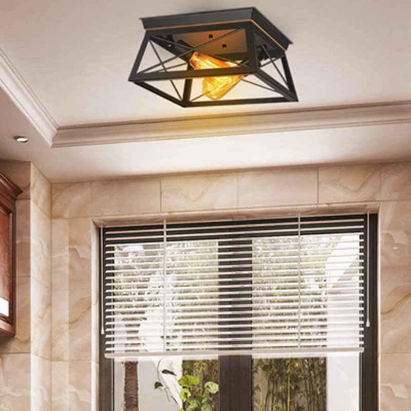 Retro Industrial Wrought Iron Ceiling Light with Black Iron Frame