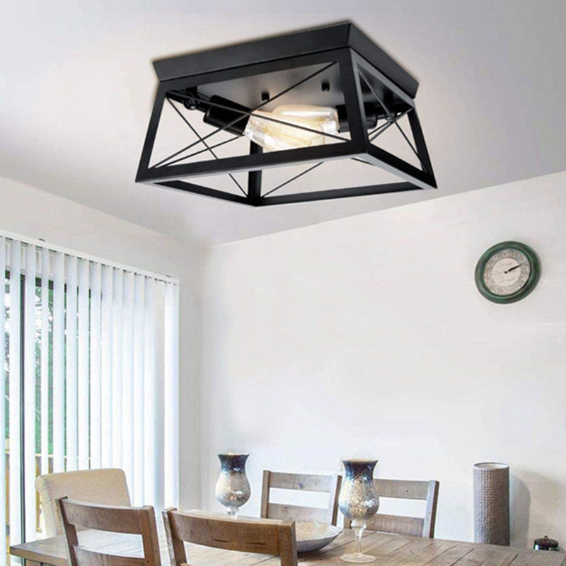 Retro Industrial Wrought Iron Ceiling Light with Black Iron Frame