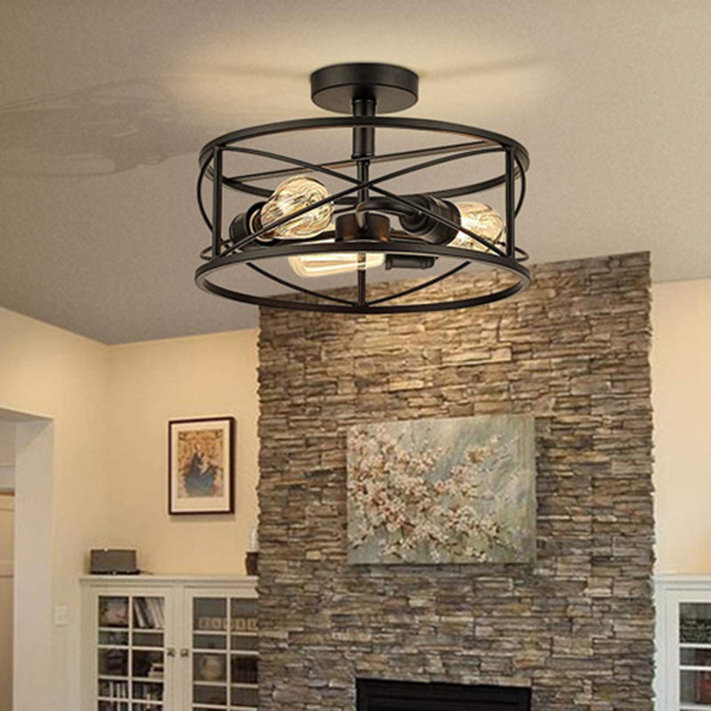 Retro Industrial Wrought Iron Ceiling Light with Black Iron Frame