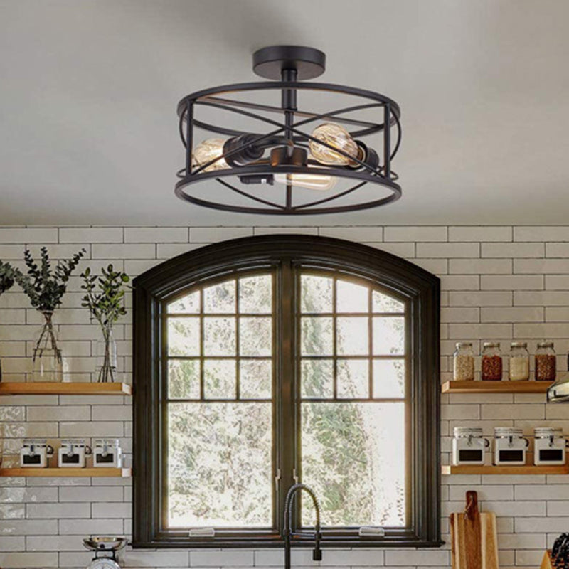 Retro Industrial Wrought Iron Ceiling Light with Black Iron Frame