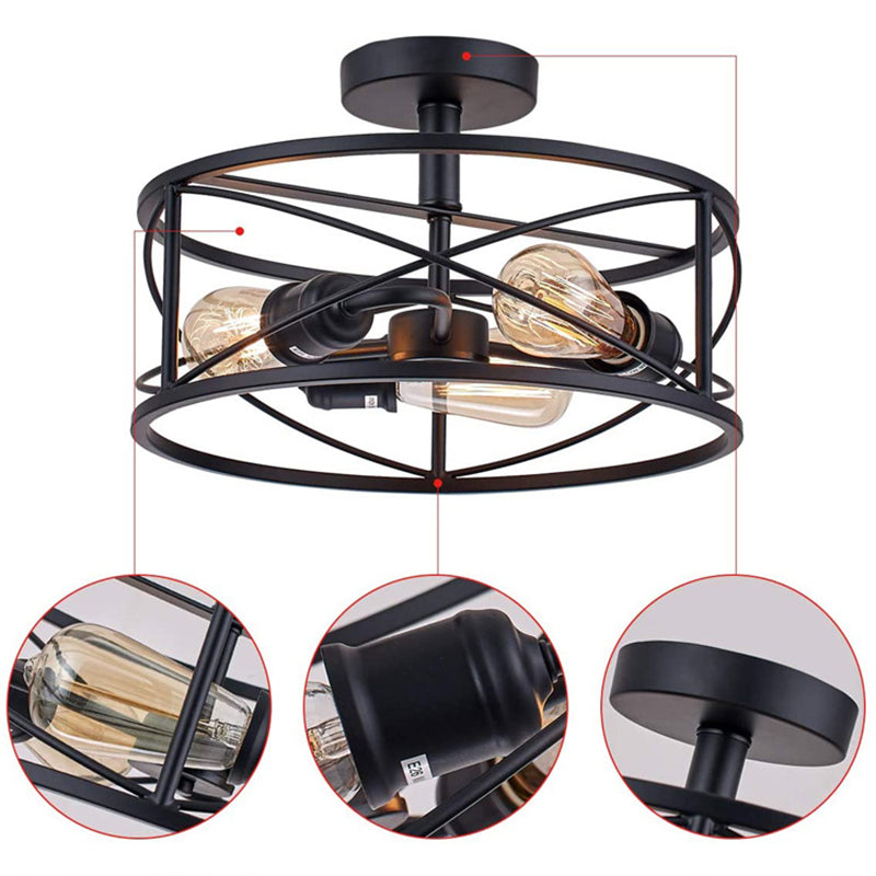 Retro Industrial Wrought Iron Ceiling Light with Black Iron Frame
