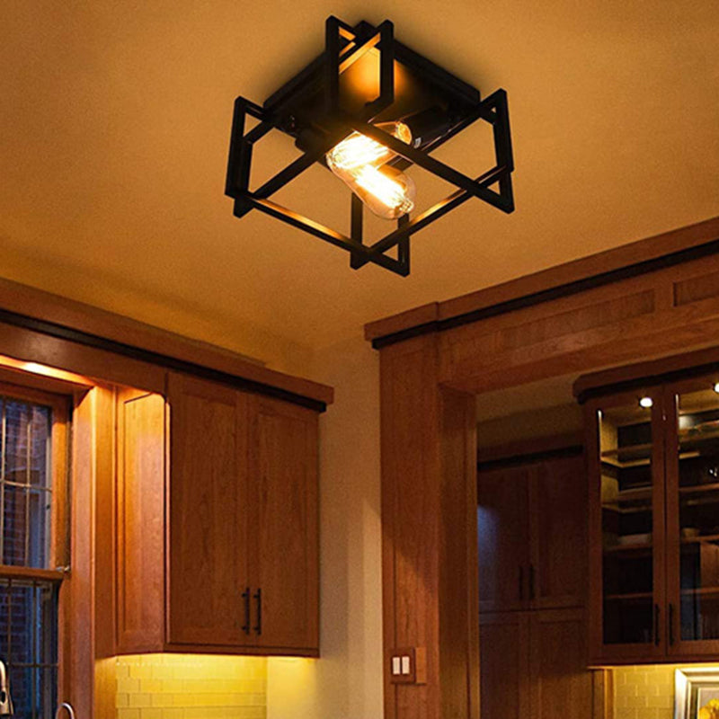 Retro Industrial Wrought Iron Ceiling Light with Black Iron Frame