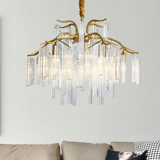 Postmodern Gold Curved Arm Chandelier with 7 Crystal Rod Heads - Tri-Sided Hanging Light Fixture