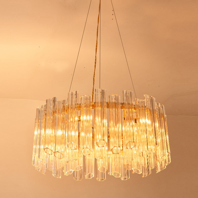 Modern Circular Chandelier: Ridged Clear Crystal, 8 Heads, Gold Hanging Light Fixture