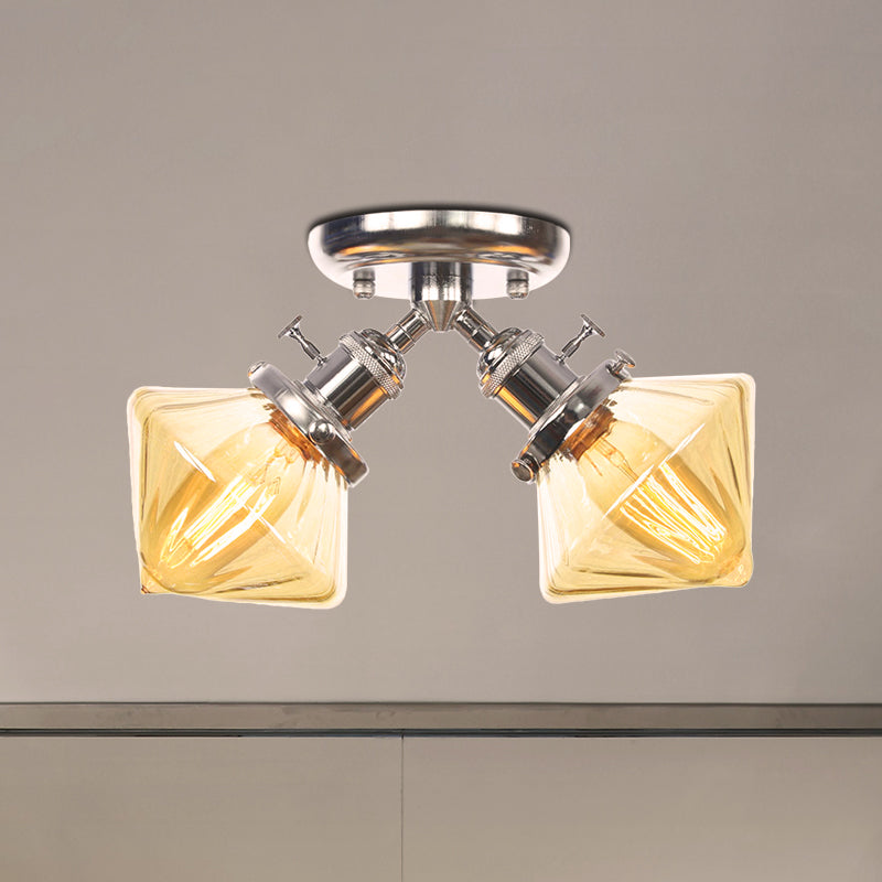 Diamond Amber/Clear Glass Semi Mount Farmhouse Light Fixture - 2-Light Semi Flush, Black/Bronze Design - Ideal for Restaurants