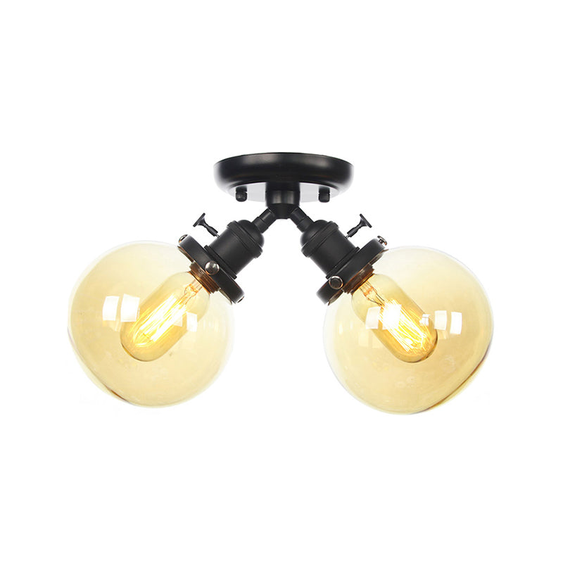 Plafonnier semi-encastré de style campagnard - Métal et verre avec deux têtes en noir/bronze