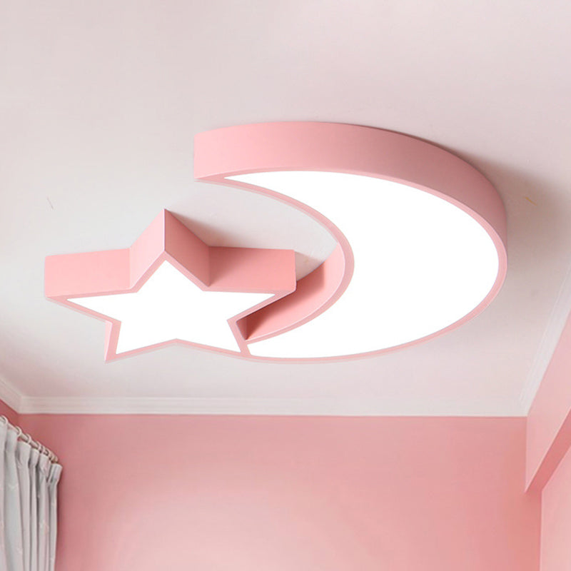 Kid's Bedroom LED Ceiling Lamp - Metal Acrylic Flush Mount Light with Star & Moon Design