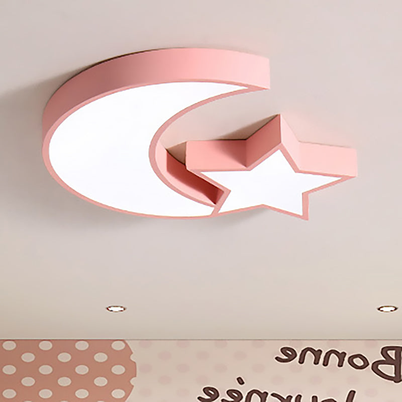 Kid's Bedroom LED Ceiling Lamp - Metal Acrylic Flush Mount Light with Star & Moon Design