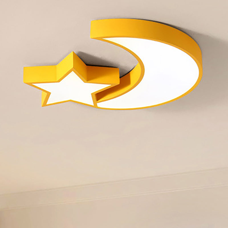 Kid's Bedroom LED Ceiling Lamp - Metal Acrylic Flush Mount Light with Star & Moon Design