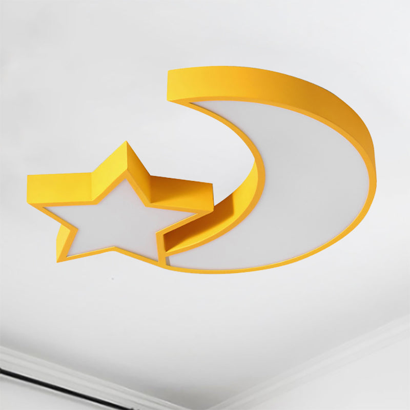 Kid's Bedroom LED Ceiling Lamp - Metal Acrylic Flush Mount Light with Star & Moon Design