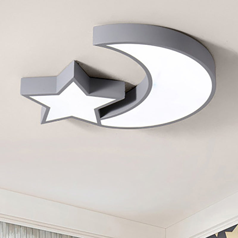 Kid's Bedroom LED Ceiling Lamp - Metal Acrylic Flush Mount Light with Star & Moon Design