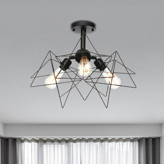 Semi Flush Industrial Black Ceiling Lighting For Living Room - 3 Heads With Wire Cage Metal Shade /
