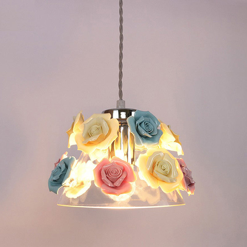 Stylish Clear Glass Cone Pendant Ceiling Light With Ceramic Flower Design