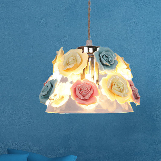 Modern Cone Pendant Ceiling Light, Clear Glass, 1 Head, Living Room Hanging Lamp with Blue-Pink-Yellow Flower Ceramic Design