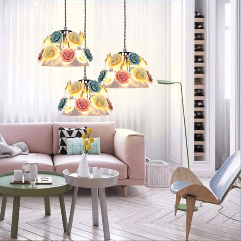Stylish Clear Glass Cone Pendant Ceiling Light With Ceramic Flower Design