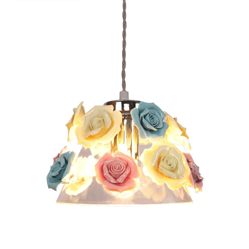 Modern Cone Pendant Ceiling Light, Clear Glass, 1 Head, Living Room Hanging Lamp with Blue-Pink-Yellow Flower Ceramic Design