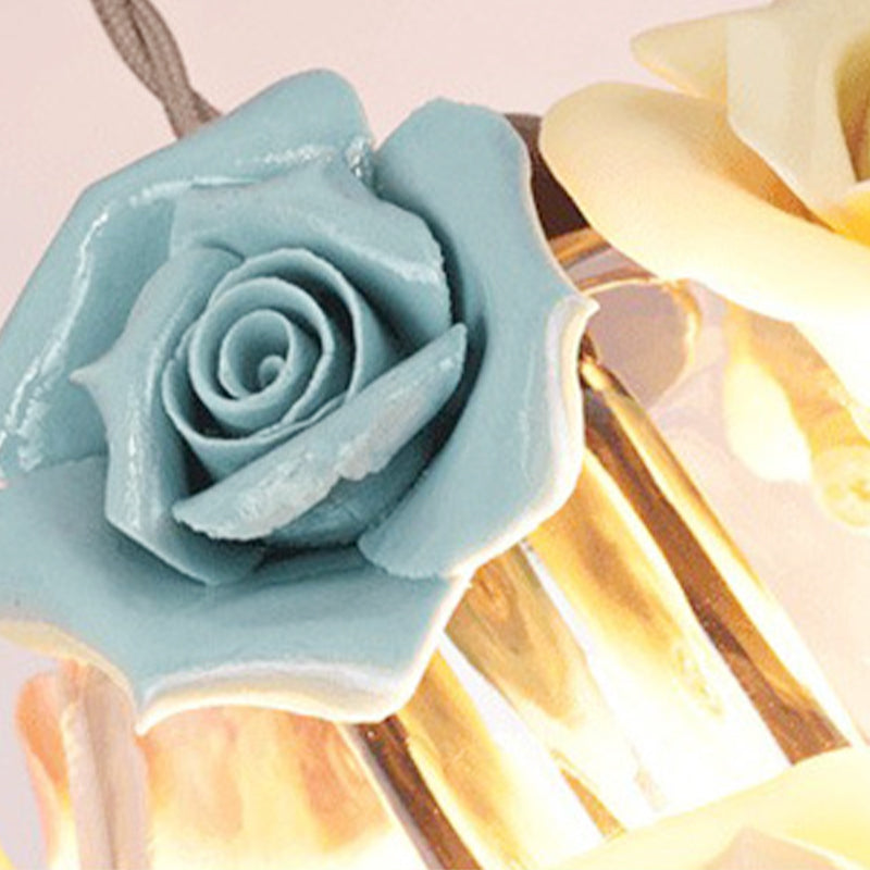 Modern Cone Pendant Ceiling Light, Clear Glass, 1 Head, Living Room Hanging Lamp with Blue-Pink-Yellow Flower Ceramic Design