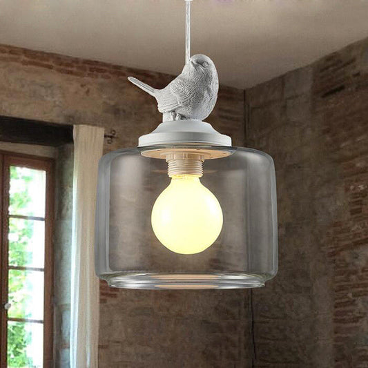 Luminaire suspendu à tambour en verre transparent au design contemporain, tête unique - Idéal pour la décoration de restaurant avec décoration d'oiseau