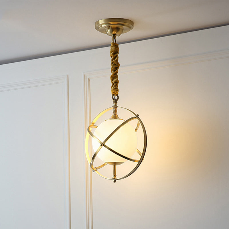 Postmodern Brass Orbit Pendant Light with White Glass Shade